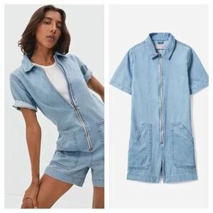 Everlane The Denim Short Coverall Zip Front Organic in Light Wash Blue Size 4